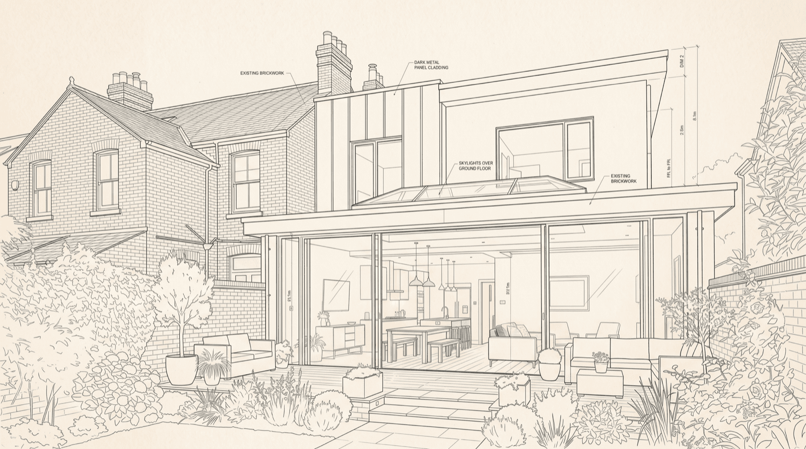 A measured line drawing of the extension