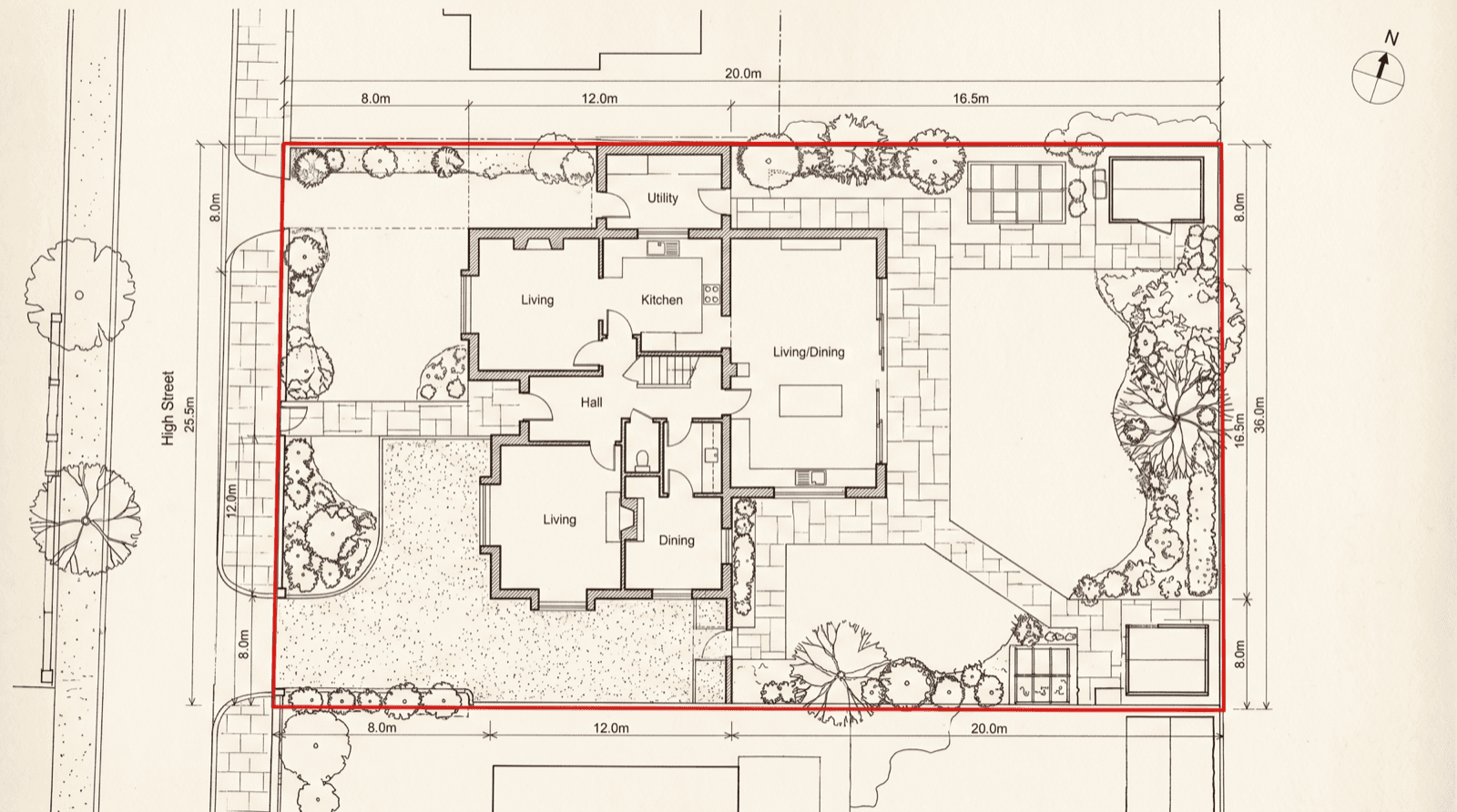 A planning site plan with the red boundary line