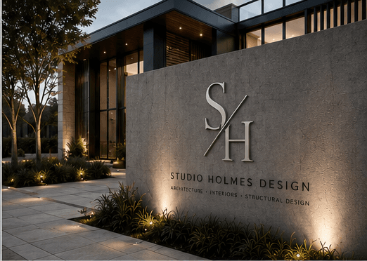 Studio Holmes Design monogram shown as illuminated architectural signage